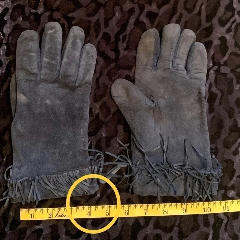 🧤 🕶 Extremely Cool Women’s Blue Suede Gloves with Fringe, Pre-owned 👖👢
